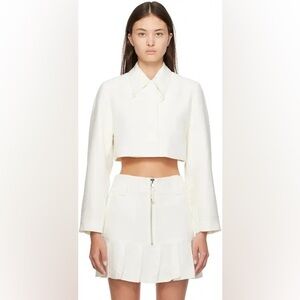 GANNI Cropped Slub-Linen White Beaded Blazer